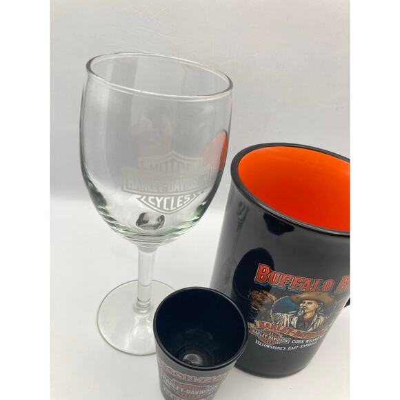 Harley Davidson Logo Combo with Shot Glass Coffee Mug and Wine Glass - Picture 3 of 7